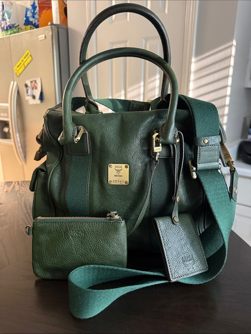 MCM Dark Green Leather Satchel with Removable Canvas Strap - Picture 2 of 16